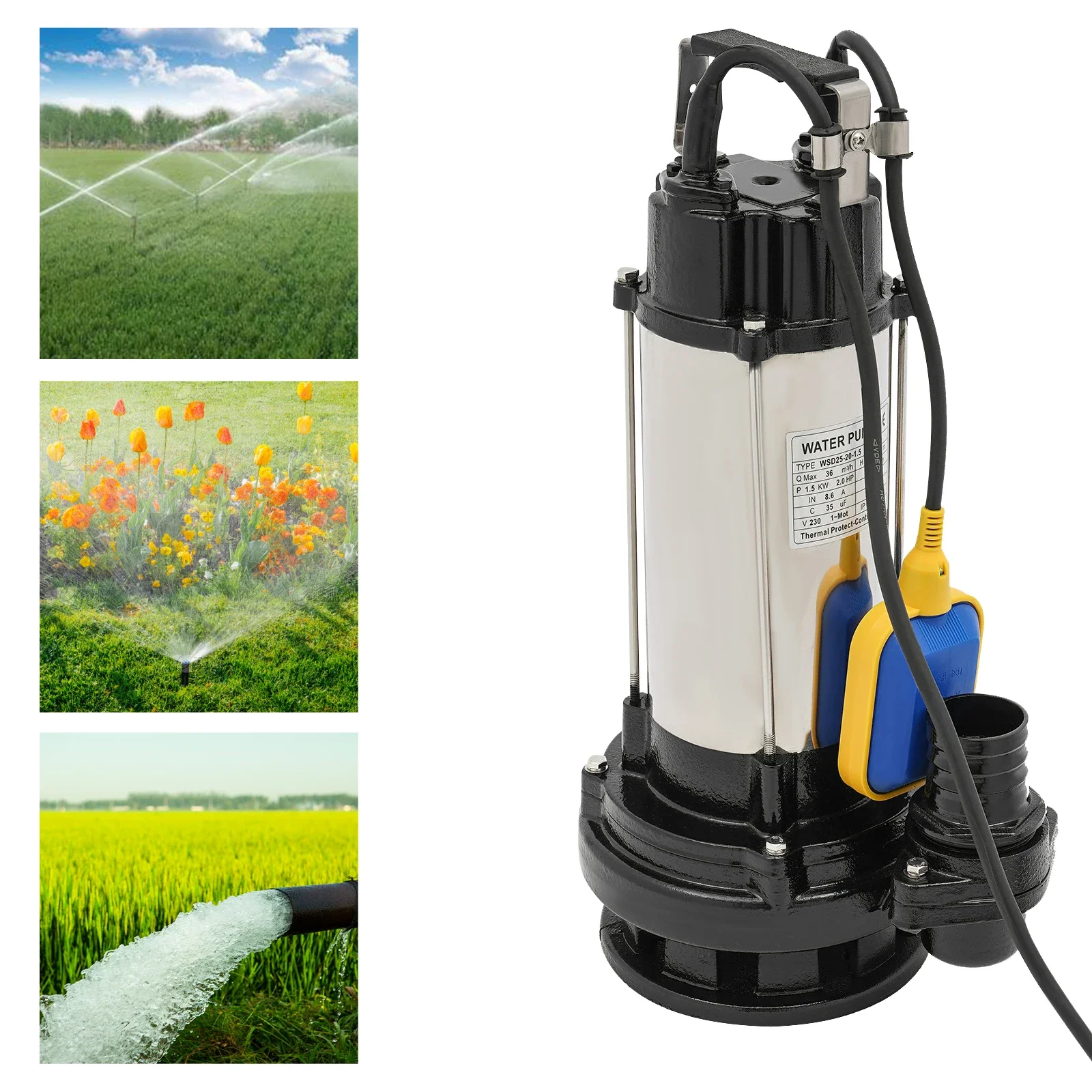Image of 1,5 kW 2 PS Abwasserpumpe 36 m3/h Max. Durchfluss 22 m Max. Kopf IP68-Schutz 220 V EU-Stecker für den Bauernhof-Industriebergbau