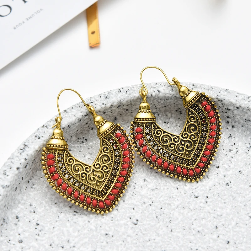 Bohemian Vintage Fashion Rope Wrap Earrings For Women Carved Hollow Geometric Drop Dangle India Earrings Boho Jewelry Wholesale