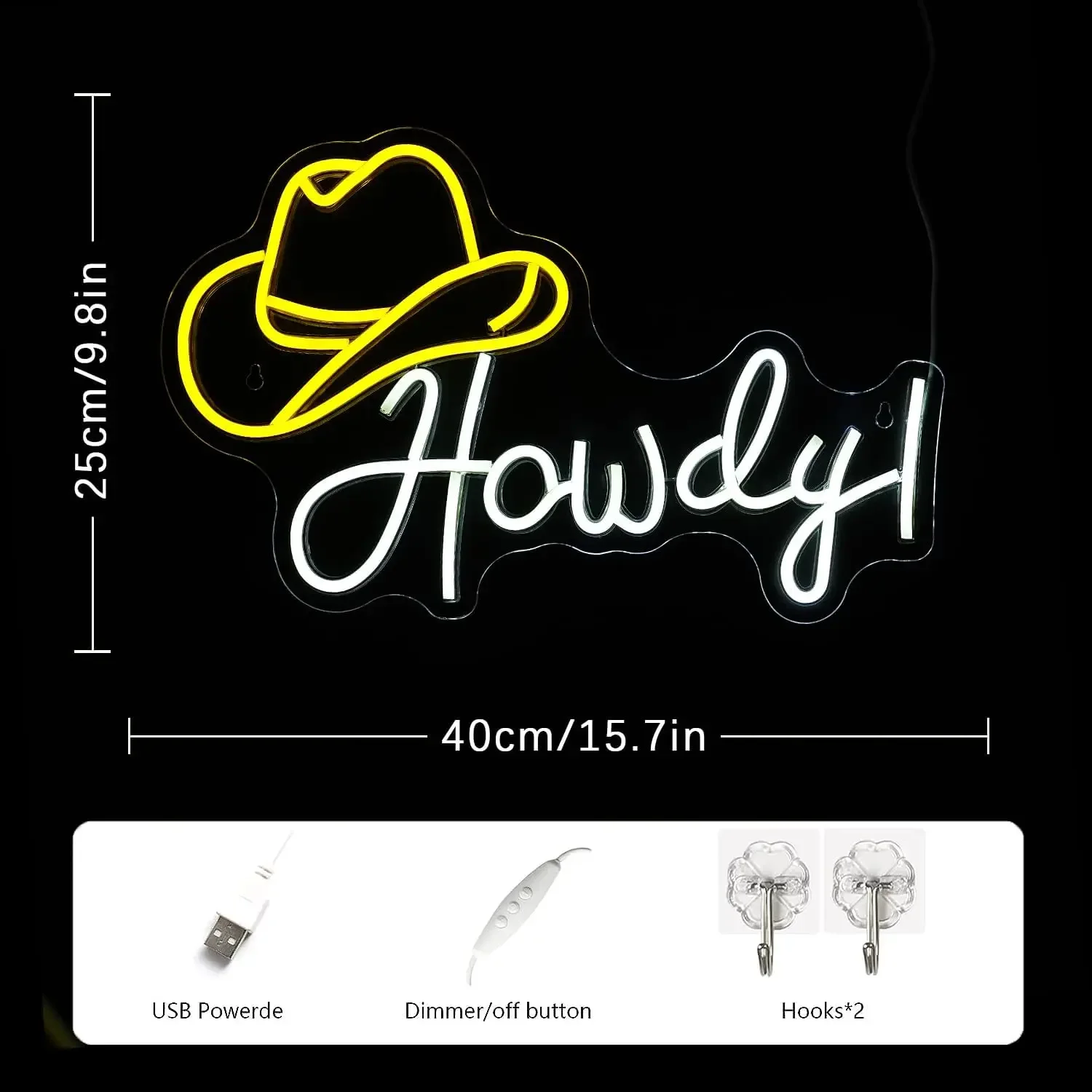 USB Powered Cowboy Hat Neon Sign, Luzes LED Howdy, Sinais de néon reguláveis, Gameroom, Homem Caverna, Cerveja, Bar, Café