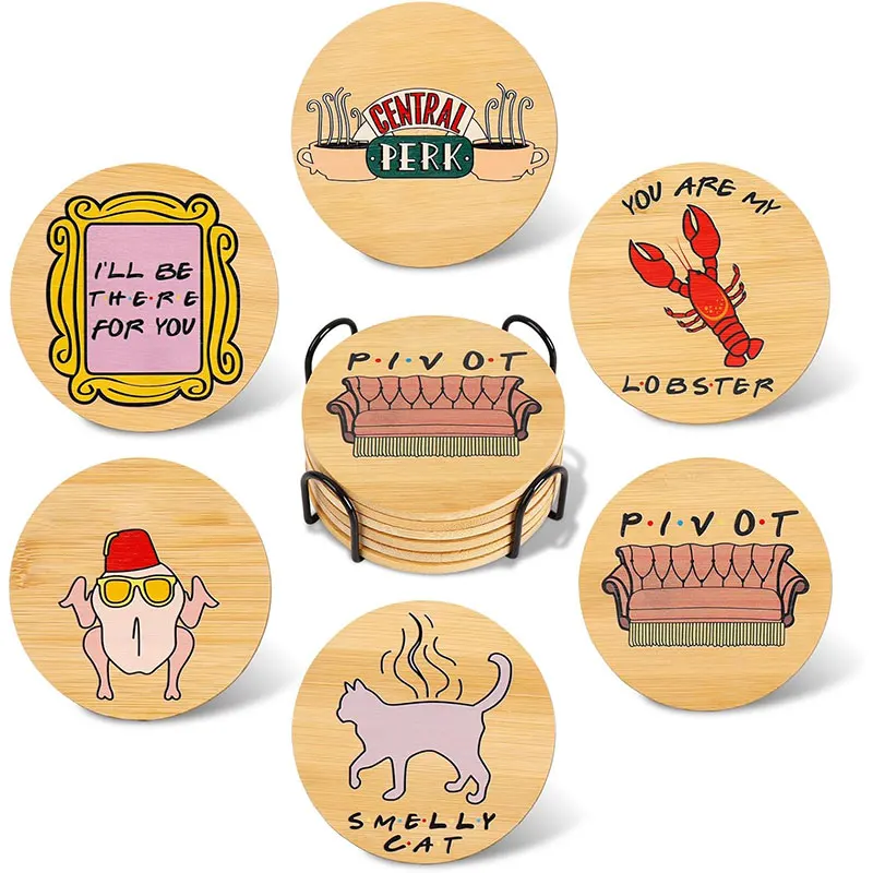 6PCS Funny Wood Coasters with Holder Cartoon Lobster Cat Pattern Absorbent Drinkware Coaster Mat with Cork Base Home Table Decor