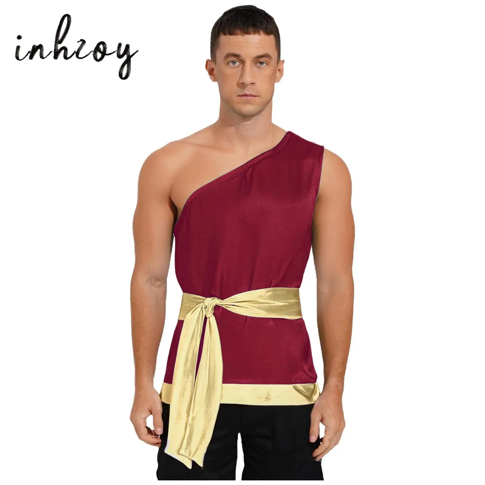 

Men's Liturgical Praise Dance Top with Waist Belt Sleeveless One Shoulder Metallic Shiny Satiny Shirt for Worship Lyrical Dance