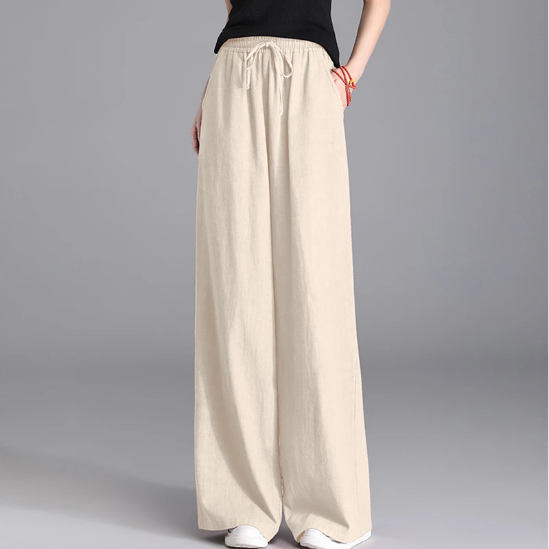 Hoge Taille Katoen Linnen Wijde Pijpen Broek Vrouwen Nieuwe Collectie 2025, Lente Vintage Stijl Effen Kleur Vrouwelijke Casual Broek M1463