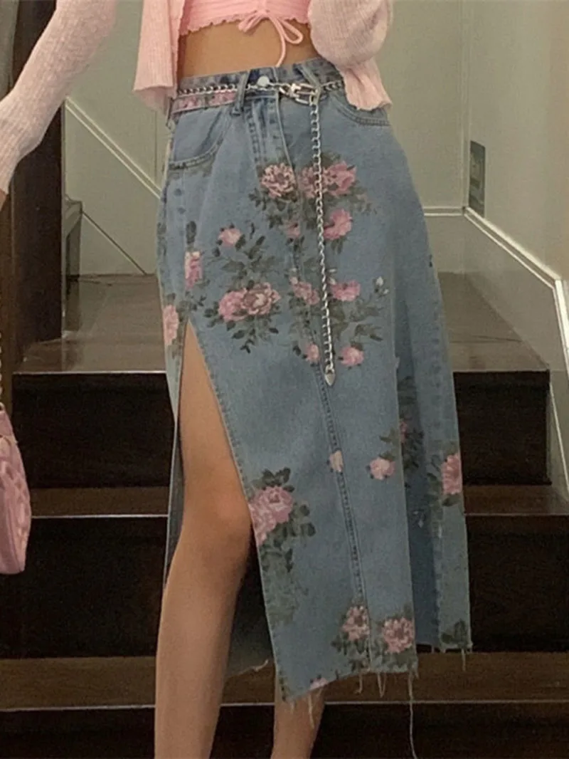 

Streetwear Vintage Flowers Print Long Denim Skirts Summer 2025 High Waist Slim Sexy Open Split Straight Skirt Jeans Female OD18