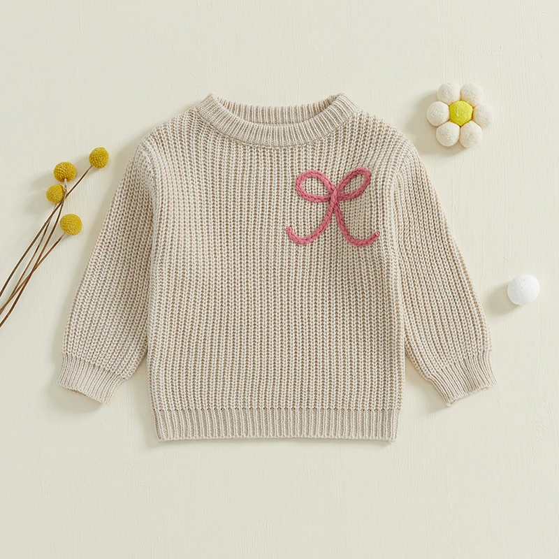 Tregren 6M-5Y Infant Baby Girl Sweaters Cute Long Sleeve Bow Knit Pullovers Toddler Kids Tops Spring Fall Winter Warm Sweater