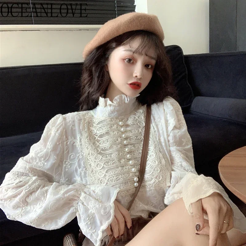 OCEANLOVE Lace Blusas Mujer Solid Stand Collar 2024 Spring Vintage Shirts Flare Sleeve Autumn Korean Style Women Blouses 19399