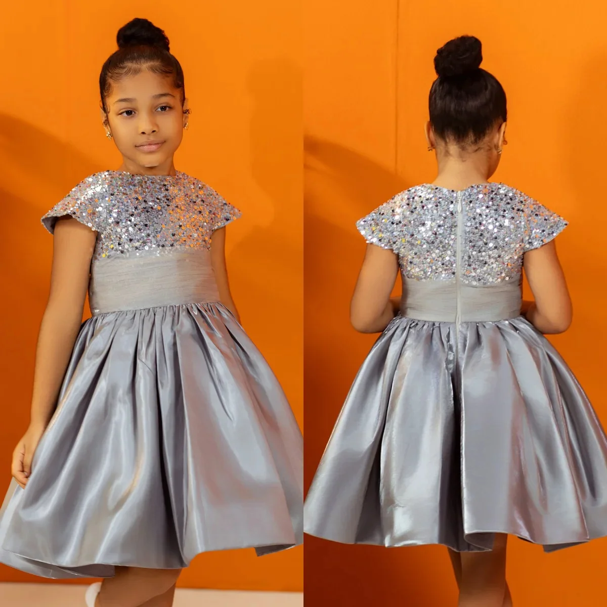 Customized Silvery Flower Girl Dress For Wedding Satin Knee Length Sequins Elegant Kids Birthday First Communion Banquet Gown