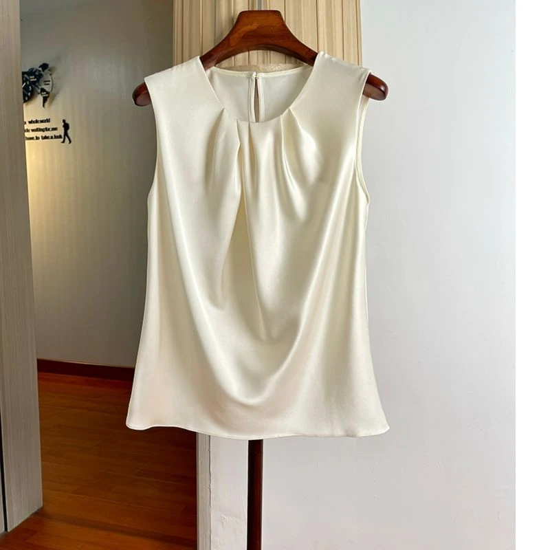 Summer Blouse Shirts Women Clothes Sleeveless Tunic Folds Blouses Solid Color Vintage Temperament Tops 2025 Blusas Mujer De Moda