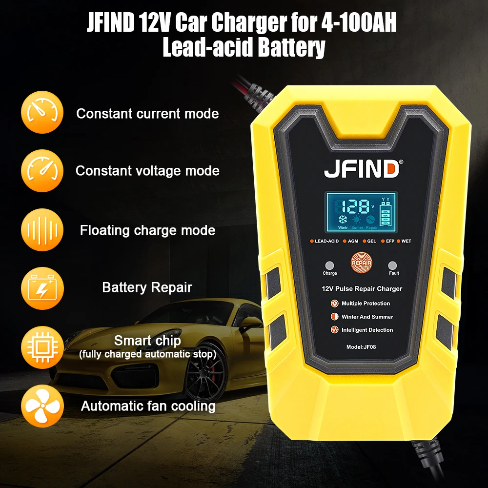 Jfind 12V Pulse Repair 6A Lead-acid lithium Car Battery Charger LCD Display battery tester Fast Charge For Car/Motorcycle