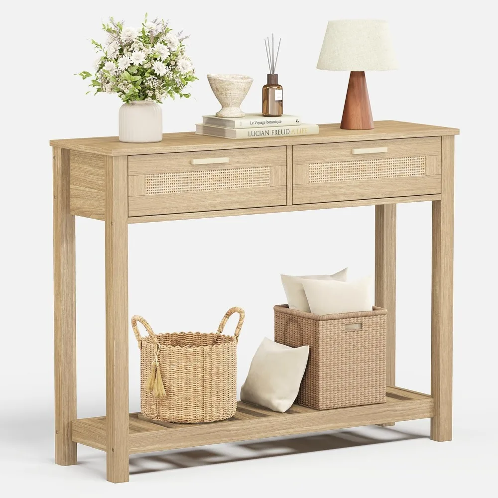 Консольный столик из ротанга в стиле бохо с ящиками и местом для хранения вещей, узкий столик в прихожей, небольшой входной столик для гостиной, фойе, B