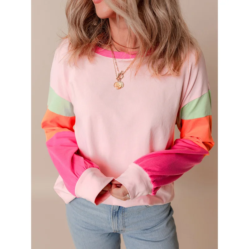 Autumn New Pullover round Neck Long Sleeves Top Women's European and American Personalized Design Sense Contrast Color Sweatshir