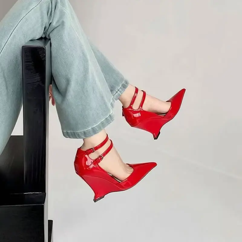 Female Red Pointed Sandals with Wedge Heeled Women's 2024 Summer New Ladies Leather High Heeled Shoes Elegant Shoes for Women