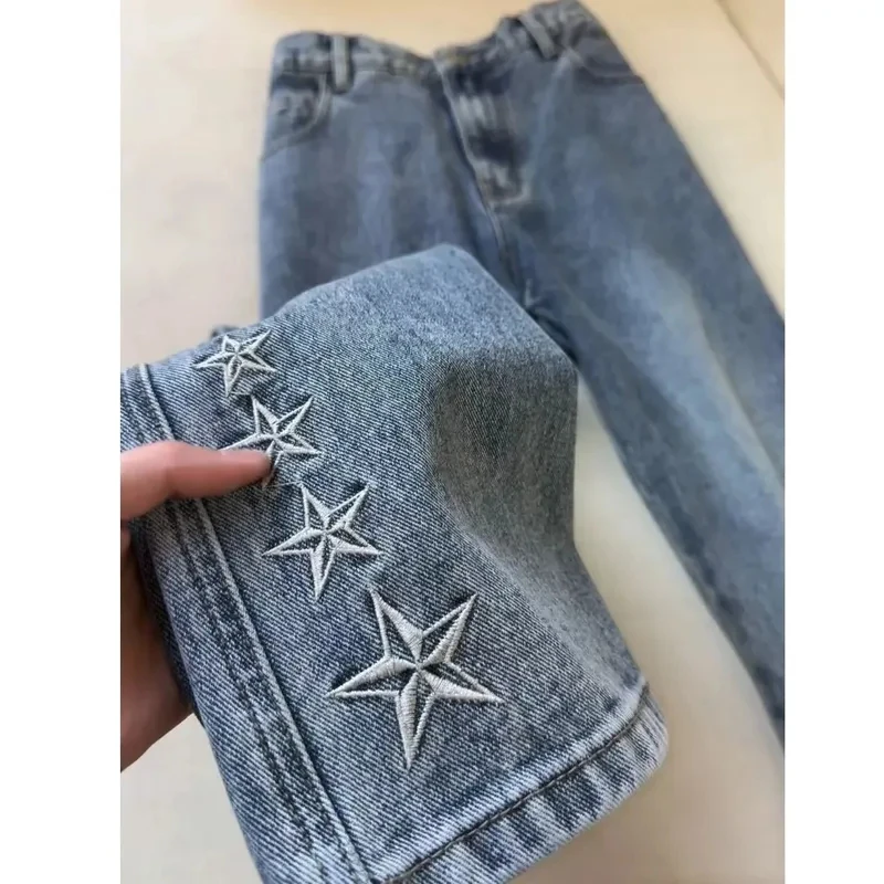 

Men's Retro American Washed Star Embroidery Loose Straight Wide Leg Jeans Blue Korean Style Y2K Denim Pants