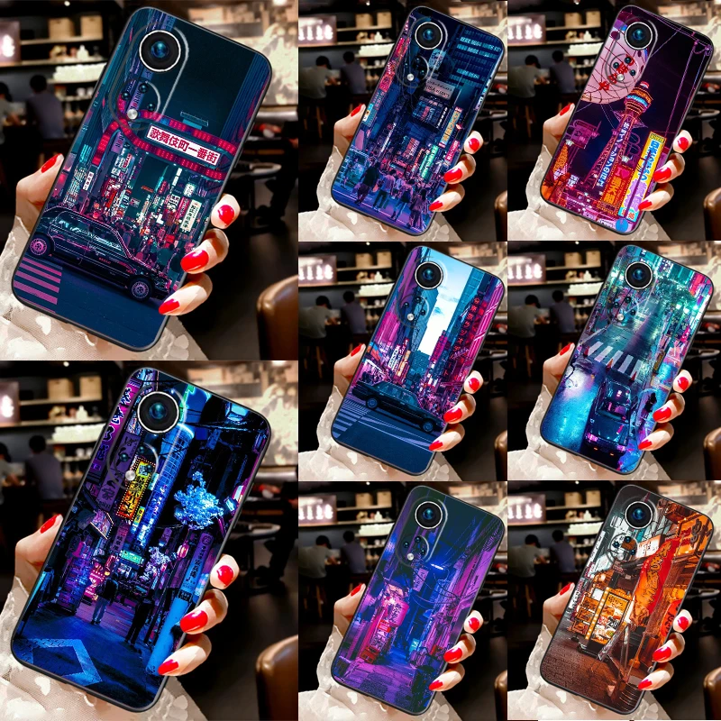 Neon Blue Cyberpunks Tokyo Street For Huawei P30 Pro P20 P40 P Smart Nova 9 5T Case For Honor 70 50 X8 X9a Magic 5 Lite Cover