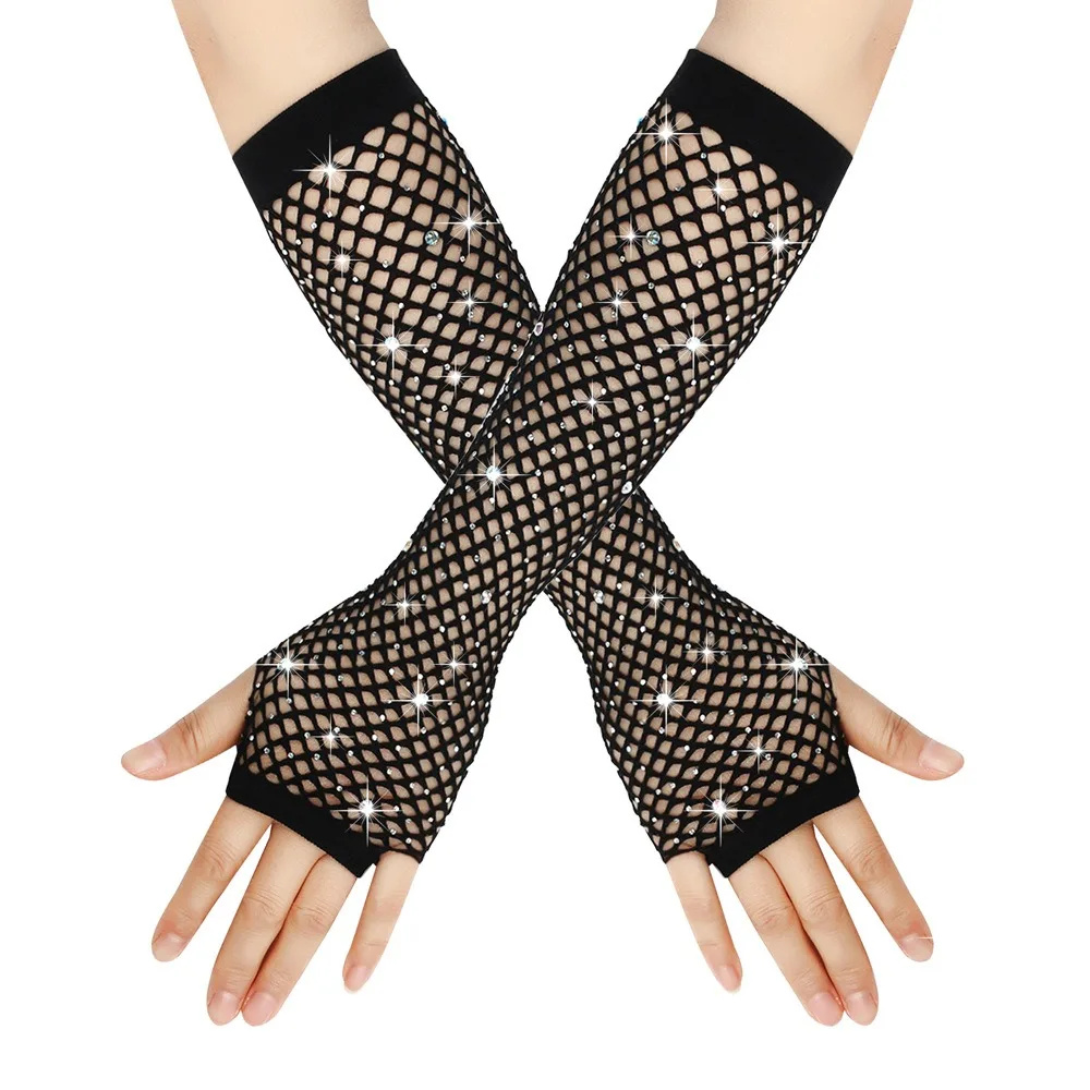 Hot Sale Fingerless Fishnet Gloves Rhinestone Highly Elastic Arm Sleeve Sexy Punk Goth Ladies Disco Evening Prom Decor Party