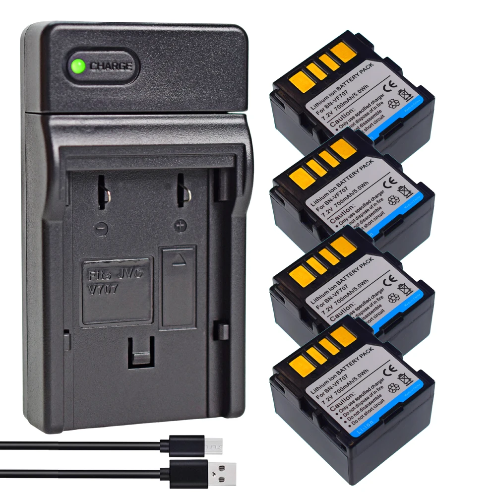 4PCS BN-VF707 BN-VF707U BN-VF707UE BN-VF707US Battery + Slim Charger for JVC BN-VF707US AA-VF7 GZ-MG50 GZ-MG500 GZ-MG505