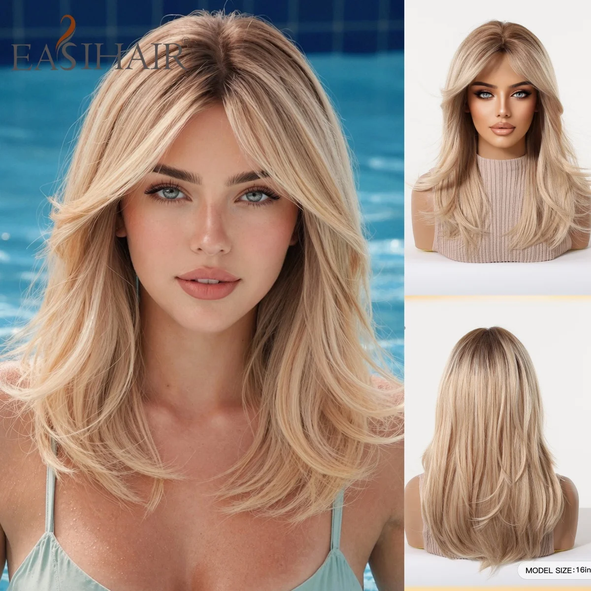 Perruque synthétique ondulée mi-longue blond clair avec raie latérale, résistante à la chaleur, aspect naturel, cheveux doux pour femmes, usage quotidien et vacances