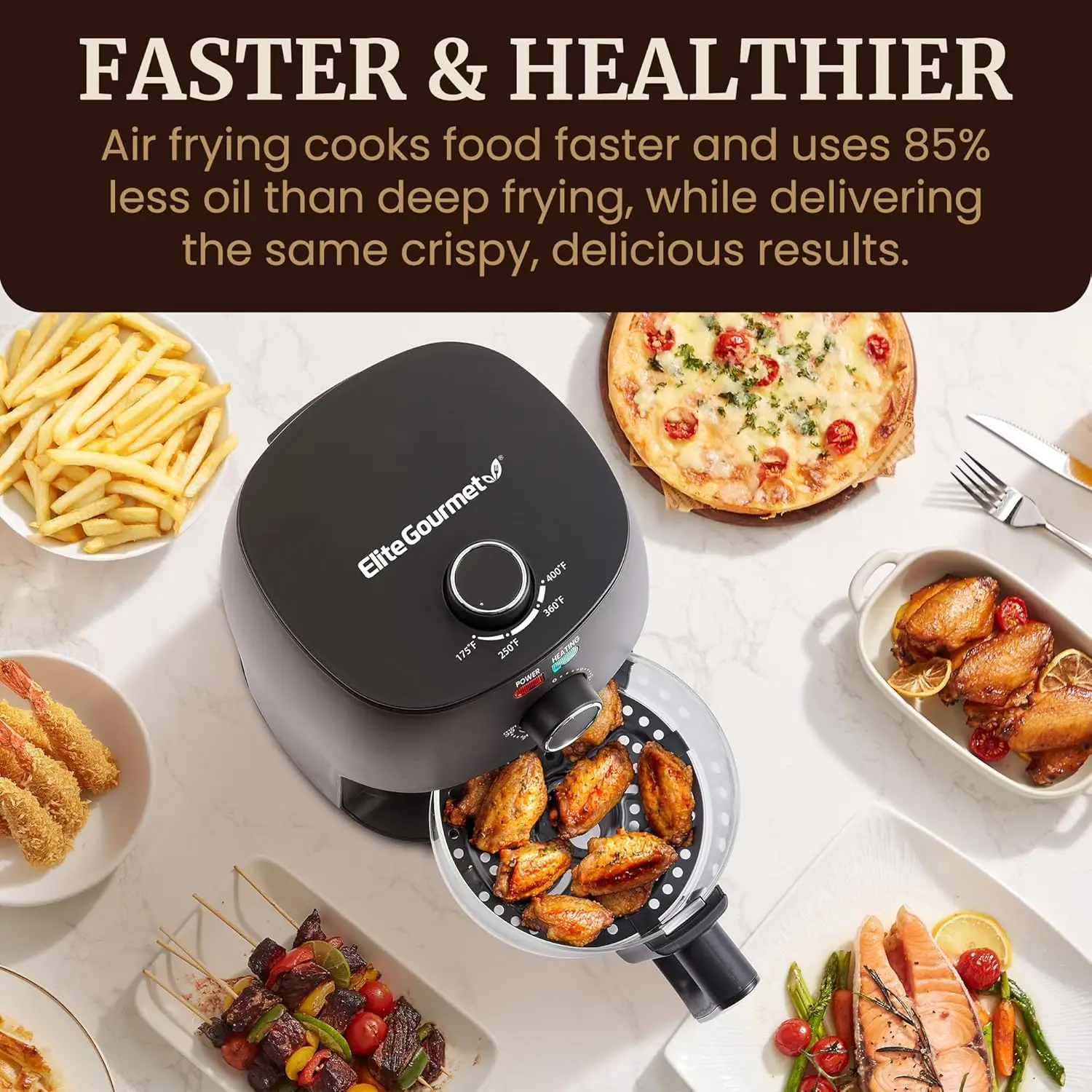 EAF2305 glazen luchtfriteuse, 2,4 Qt, PFAS-vrij keramisch gecoat, 1150 W, 175–400 ° F, timer van 30 minuten, zwart