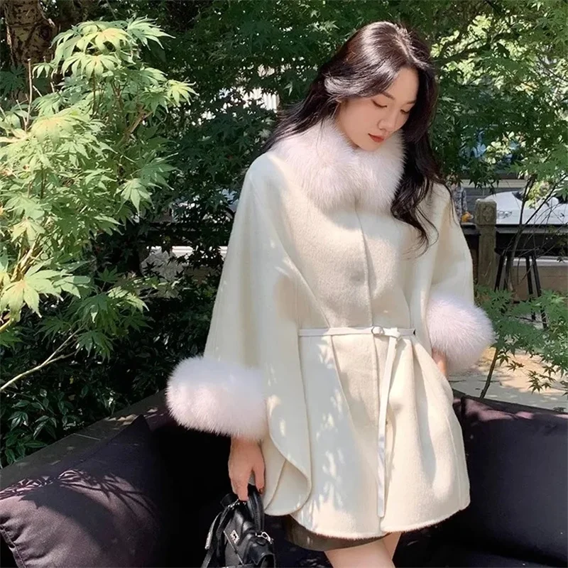 Fox Fur Woolen Coats Women's Short Coat Office Lady Removable Elegant Double-sided Wool Overcoat 2025 New Cardigan Jacket