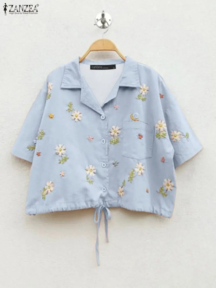 2025 ZANZEA Bohemian Summer Floral Print Shirts Women Blouses Short Sleeve Casual Tunic Tops Loose Bandage Lapel Fashion Blusas