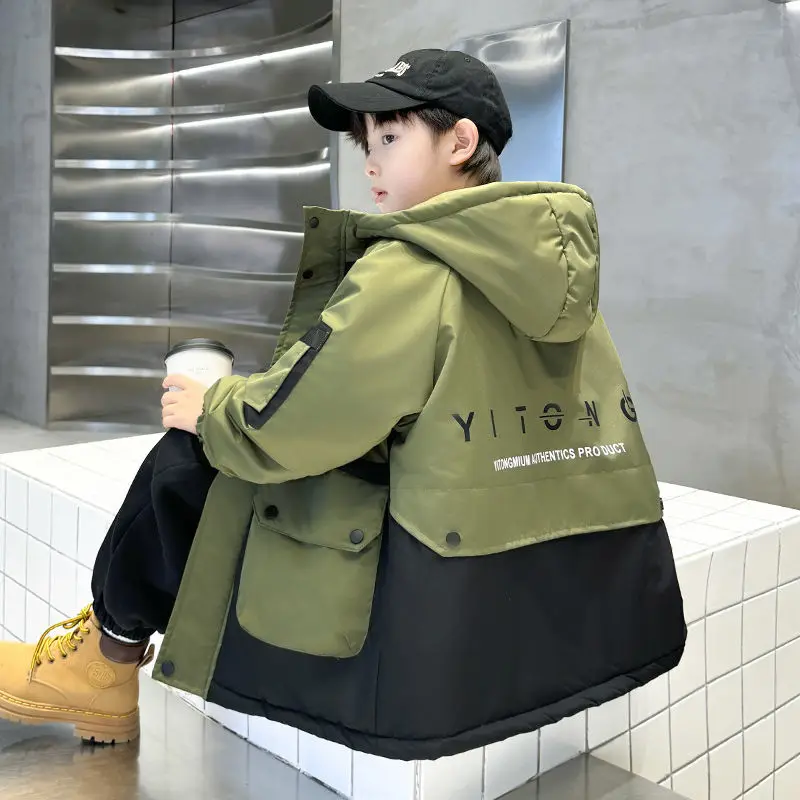 -10℃ Winter Boys Padded Jackets Children Plus Velvet Warm Parkas Thick Long Coat Kids Hooded Cotton Clothes Outerwear 5-14 Years