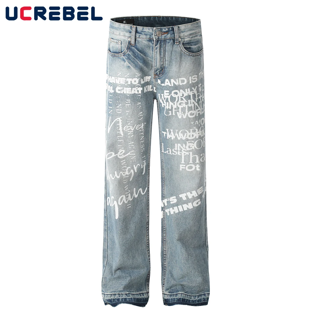 

Letter Print Washed Distressed Jeans Mens Spliced Loose Straight Wide Leg Raw Edge Denim Pants Men Trousers