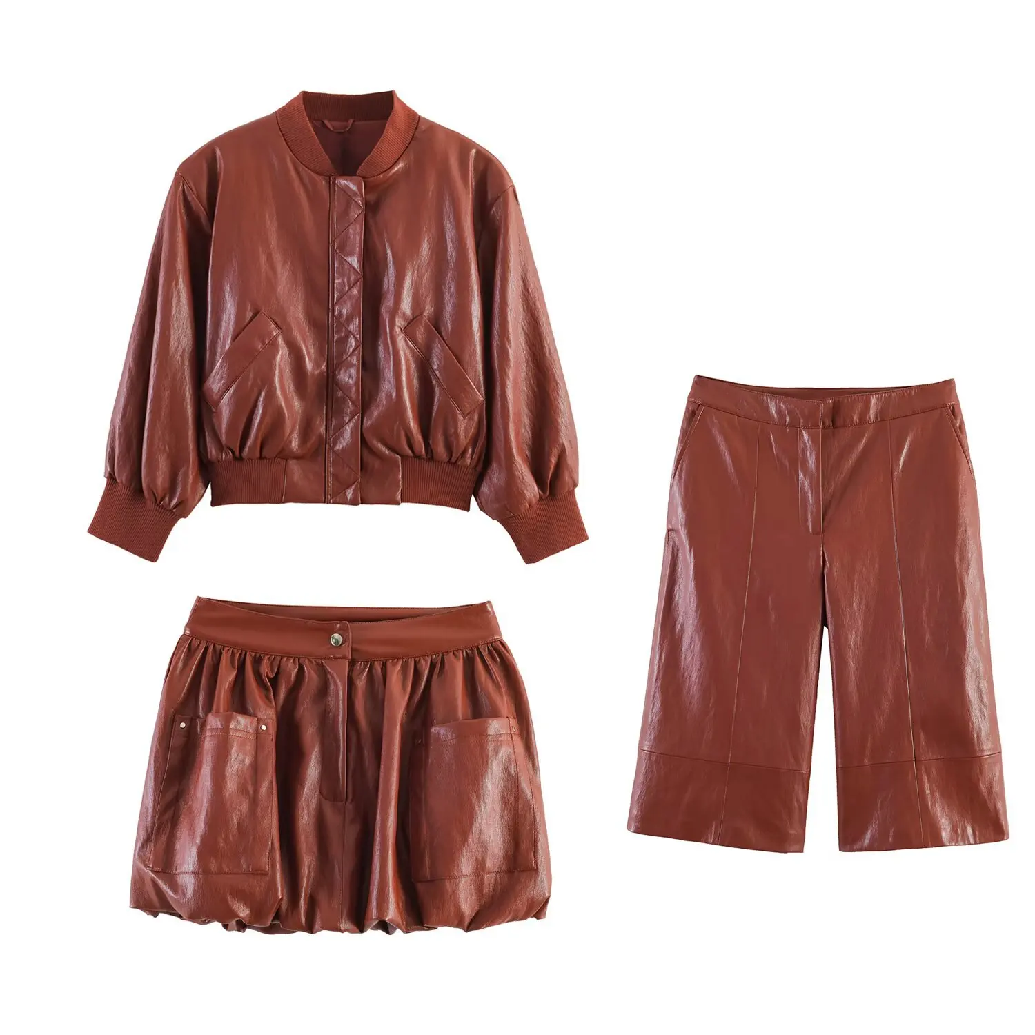 Cross-Border Casual Pilot Jacket Coat Faux Leather Shoulder Padded Short Pants Short Skirt Set Organic Cotton Pure Color