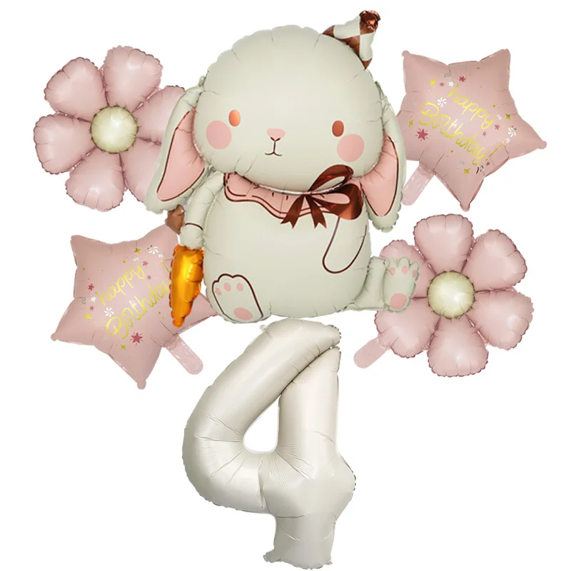 6 Stück Kaninchen Karotte Rosa Gänseblümchen Blume Stern Creme Zahl Ballon Set Mädchen Geburtstag Hochzeitstag Party Dekoration Babyshower – Detail 5