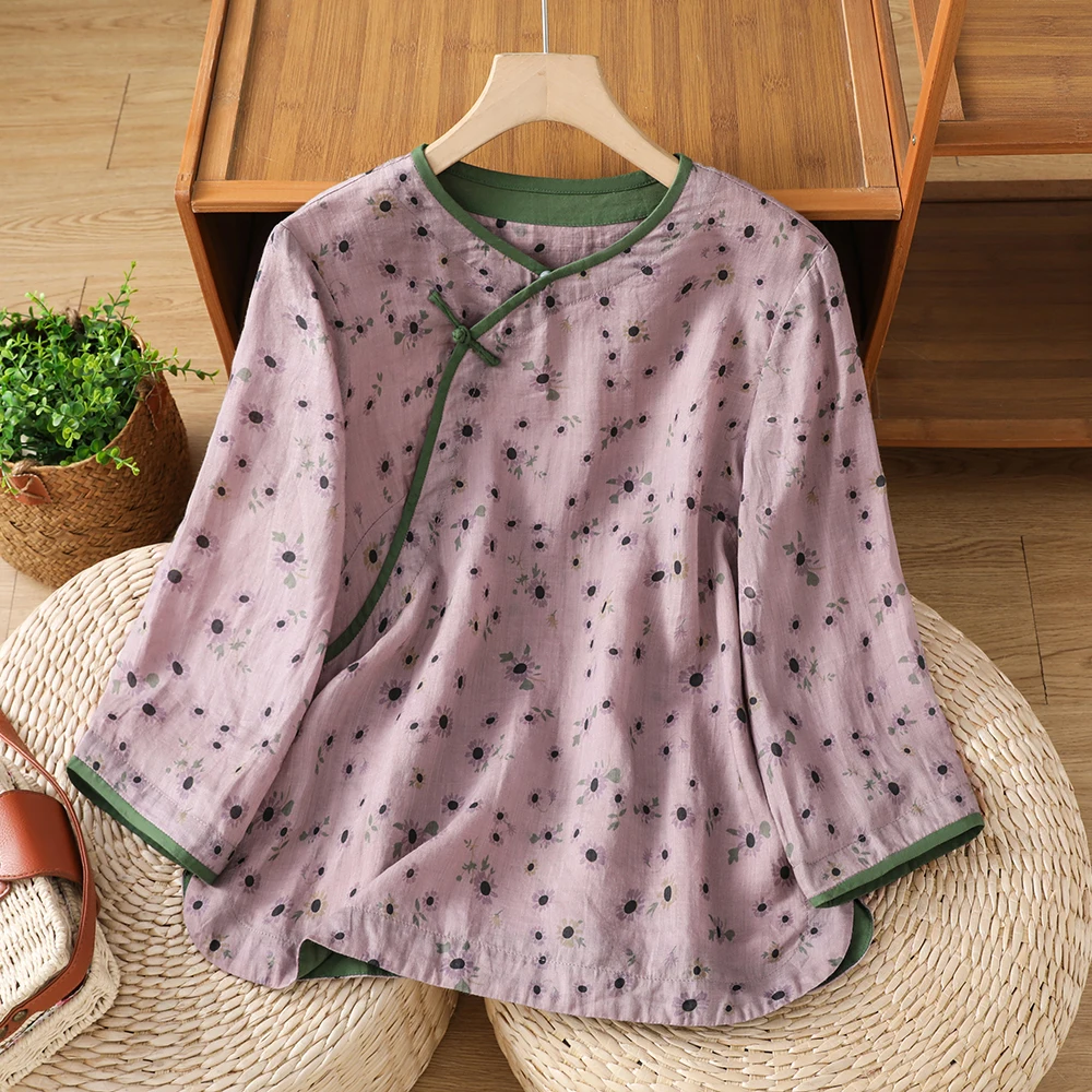 

Retro Cotton Linen Thin Shirt Overhead Women's plus Size Summer New Style National Style Cover Belly Commute Style Short Slee...