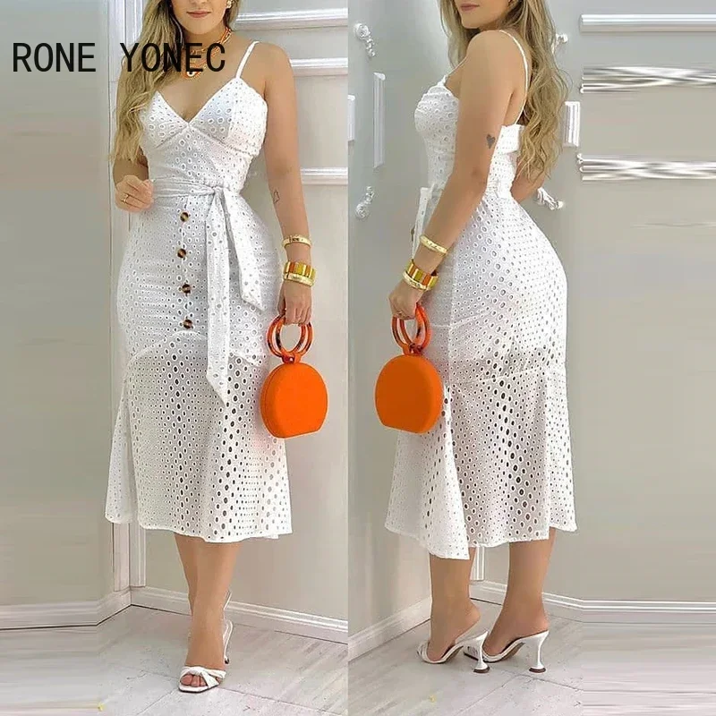 Women Hollow-out  Button Design Spaghetti Strap Lace Dress With Belt & Lining Casual Maxi Dress Vacation Dress 2021