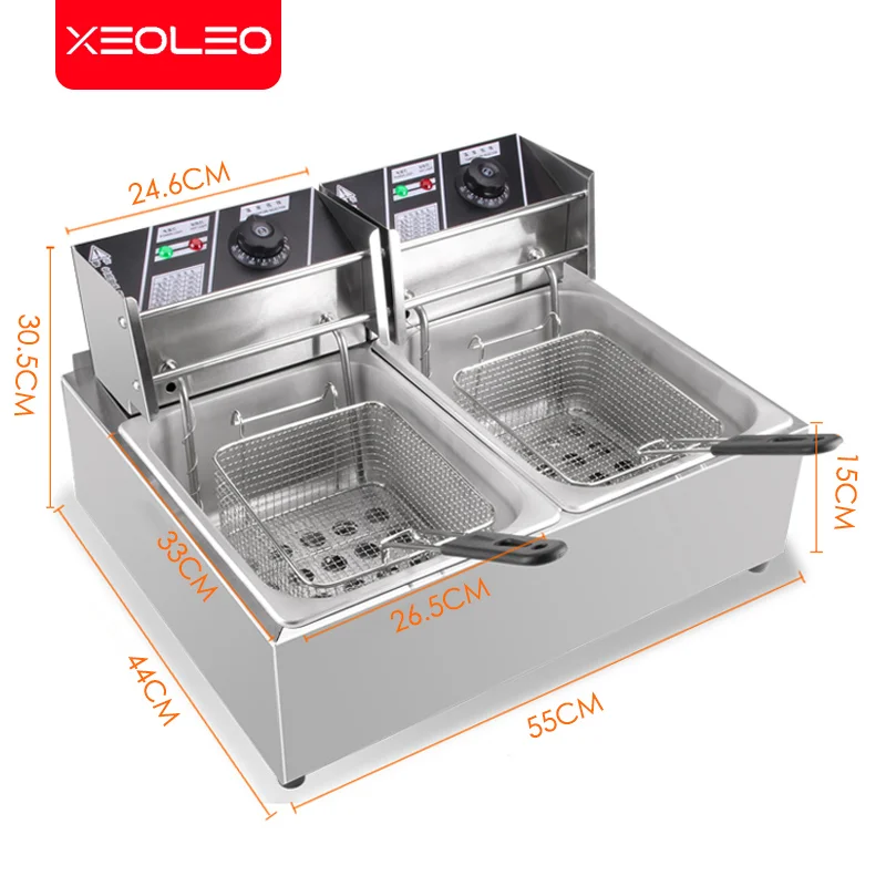 XEOLEO 6L+6L Deep Fryer Commercial Stainless Steel Electric Fryer French Chips Chicken Wings Fast-Heating Snack Machine Food