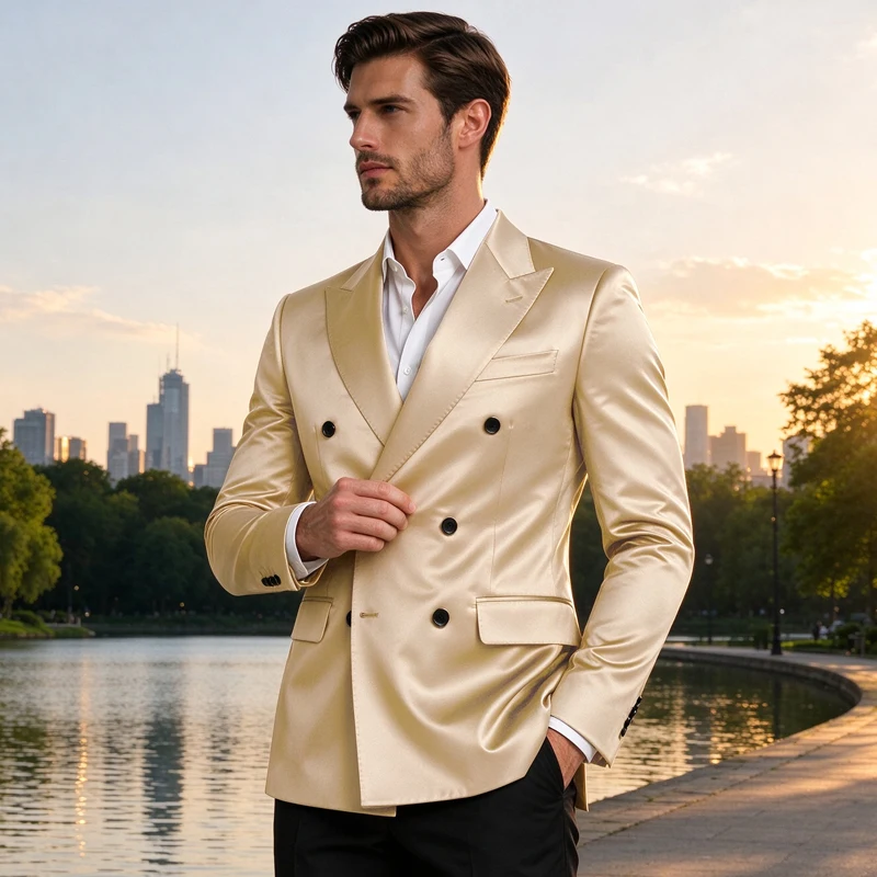 Luxury Men's Satin Blazer Peak Lapel Double Breasted Slim Fit Suit Jacket Lightweight Formal Party Wedding Groom Coat For Men