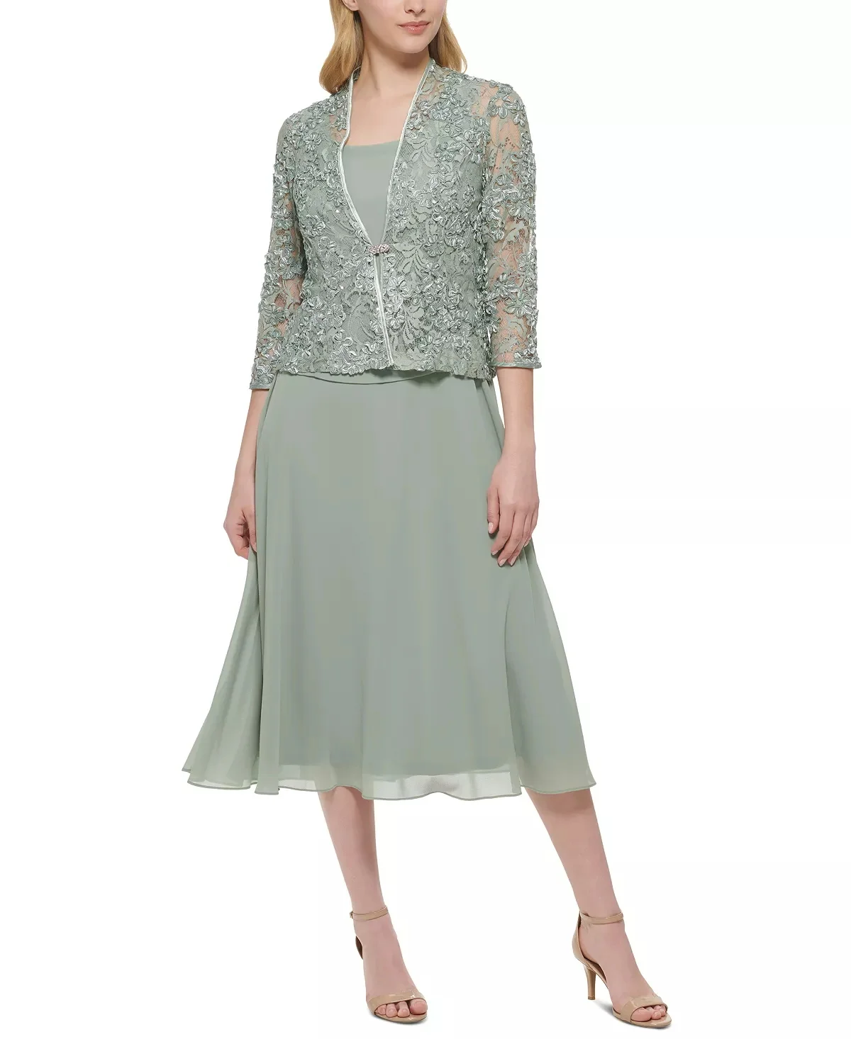 

A-line Sage Chiffon Mother of The Bride Dresses Saudi Arabia Tea Length Prom Evening Gowns with Half Sleeves Lace Jacket