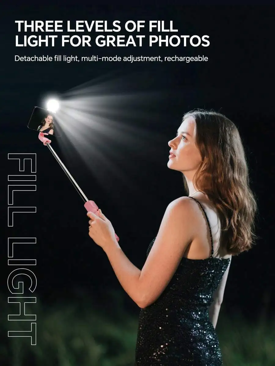 

Telescopic Selfie Stick With Built-In Fill Light Wireless Remote 360° Rotating Tripod For iPhone Android