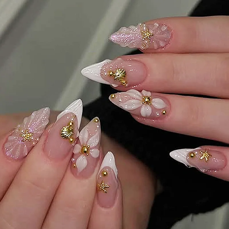 

24PCS 3D Pearl Ice Flower Press on Nails French Blush Sweet Fashion European Ins Style Sweet Removable Almond Shape Nail Art 네일팁