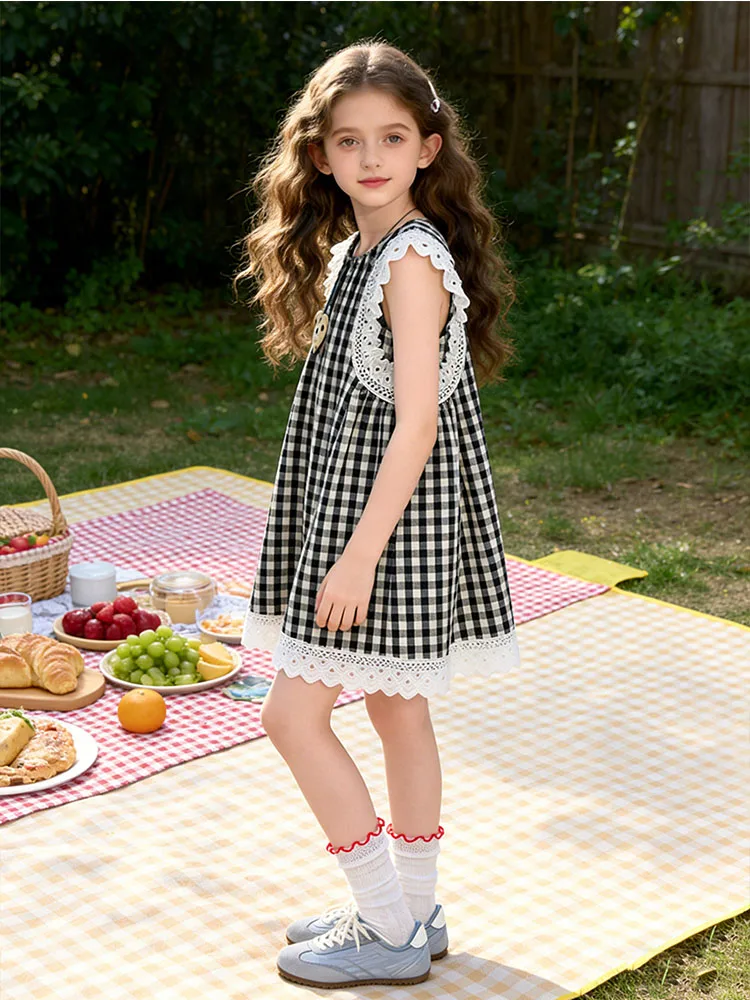 Summer Vintage Dress For Kids Girls Dress With Lace Children Cute Dresses Back Children's 3-12 Year Casual Holiday School Wear