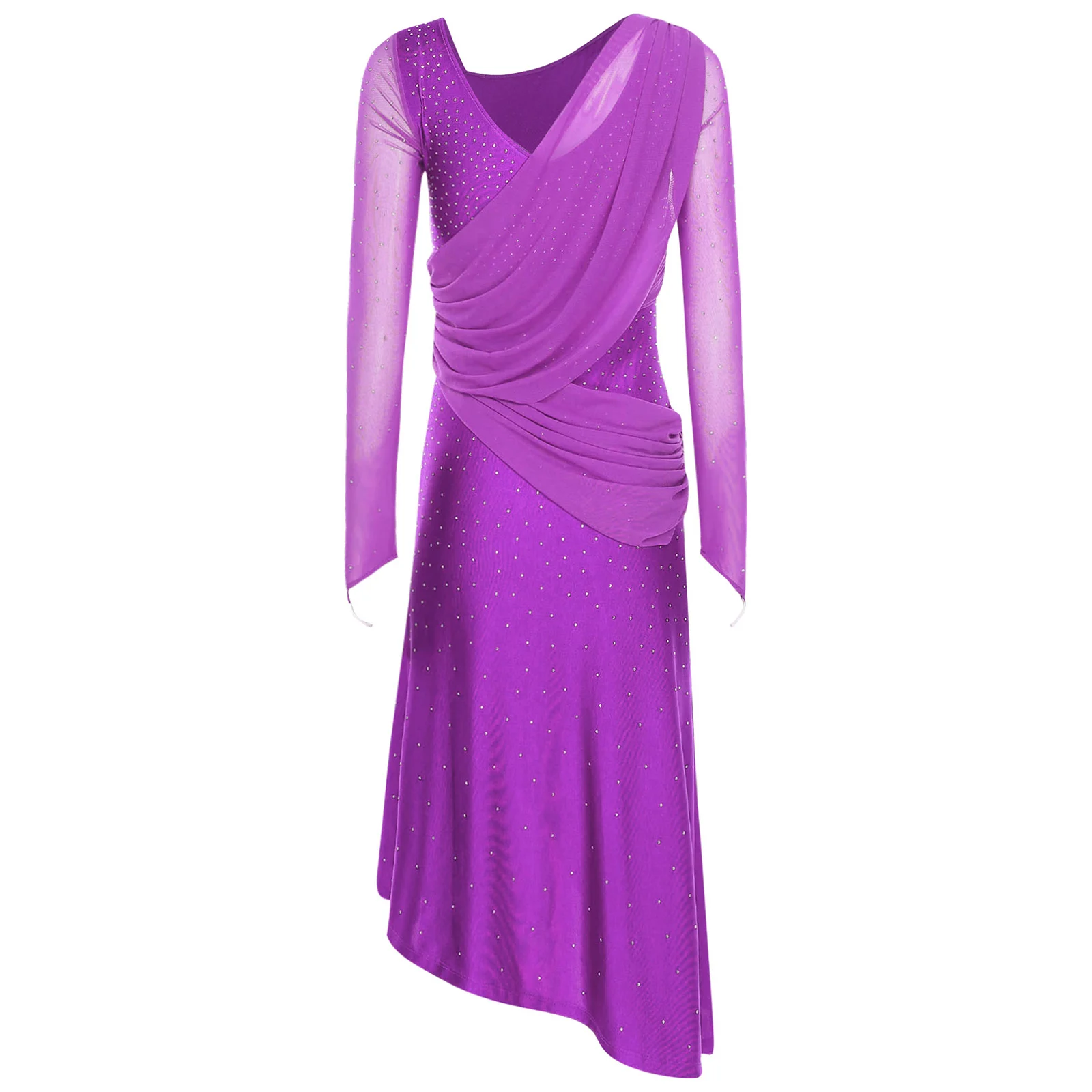 Abito da ballo latino da donna Bachata con strass impreziosito da cintura increspata con paillettes divise Abito latino Ginnastica Sala da ballo moderna Dancewear