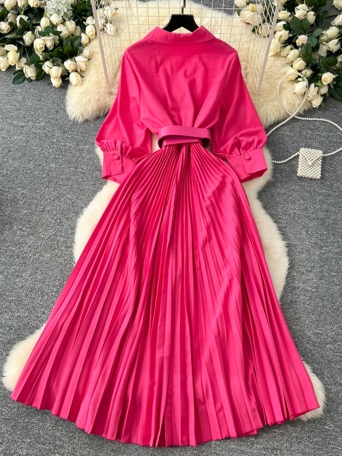 Vestido Largo Retro con Cuello, Mangas Farol, Cintura Alta y Pado, con Cinturón, Estilo Coreano, para Mujer, Temporada de ...