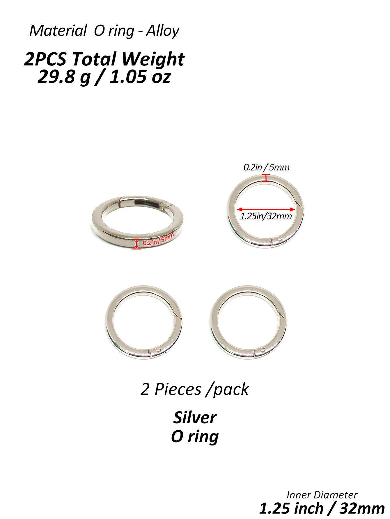 2 Stück dicker O-Ring für Geldbörsenriemen, Federringe, 1/1,25/1,5 Zoll Durchmesser, Handtaschen- und Schlüsselzubehörhalter, hellgold/silber – Detail 12