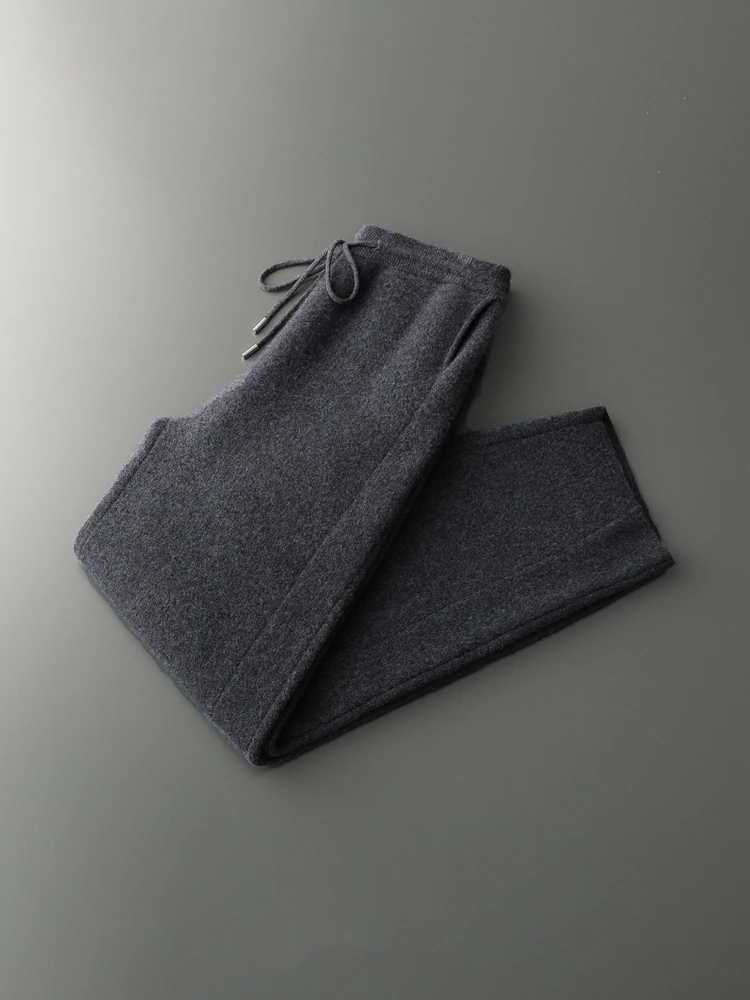 High Street Men's Pants 100% Merino Wool Pants Autumn Winter Wide Leg Trousers Casual Thick Warm Knitted Bend Knife Pants Commut