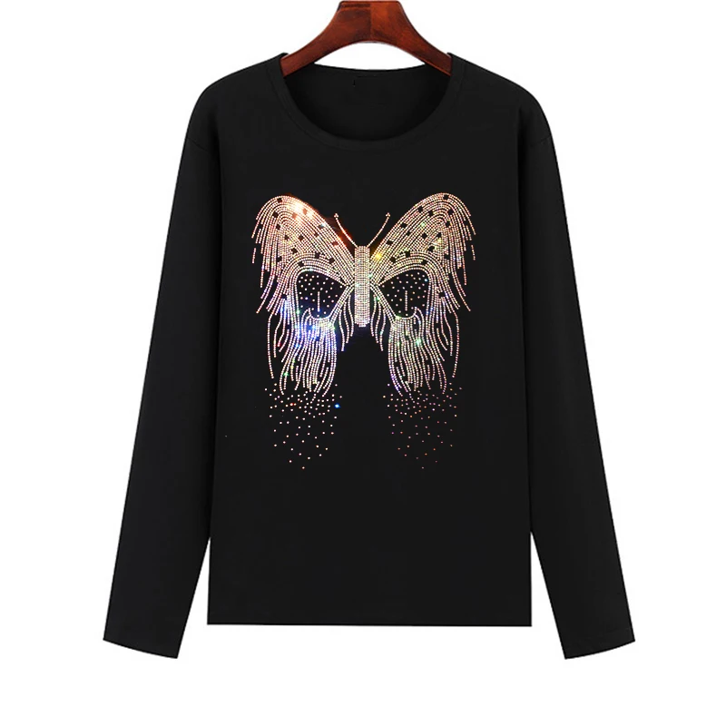 Hot sale high quality women's fall long-sleeved hot drill craft T-shirt creative shiny pretty butterfly casual T-shirt