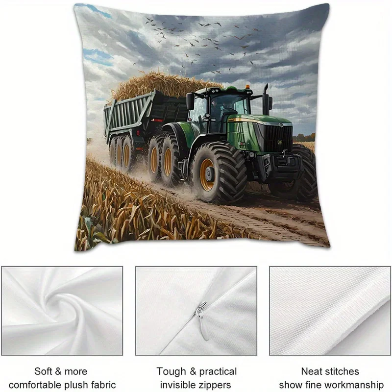 Farmhouse Tractor Wheat Field Double-Sided Pillowcase, Rustic Harvest Scene Cushion Cover with Zipper, Washable Decor Case