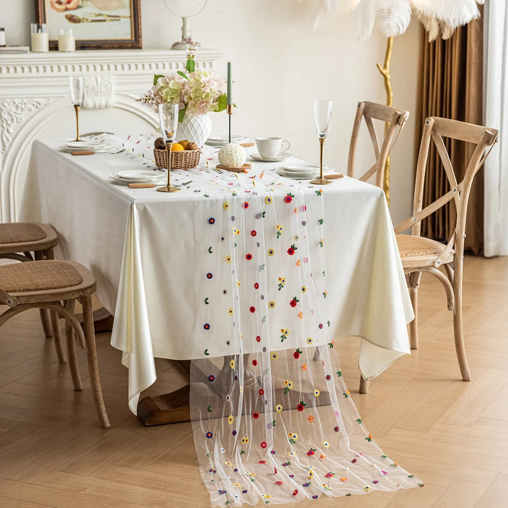 

Table Runner, Sheer Mesh, with Osmanthus & Wildflowers, Elegant Fall Autumn Home Decor for Dining Table Centerpiece