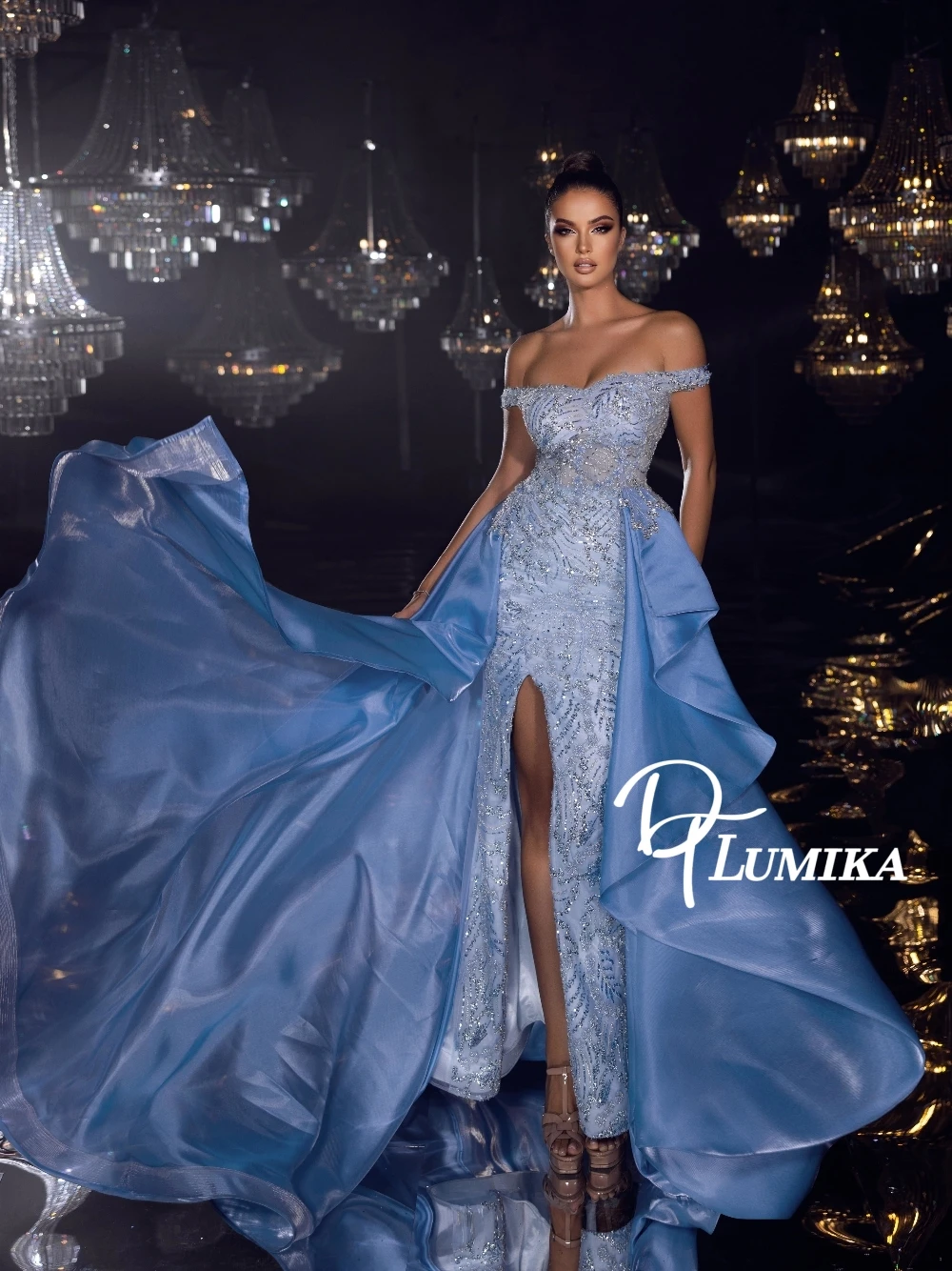 

Новое поступление, вечернее платье с открытыми плечами и бисером, блестящее синее платье для выпускного вечера с высоким разрезом и шлейфом с рюшами для официальных мероприятий по индивидуальному заказу