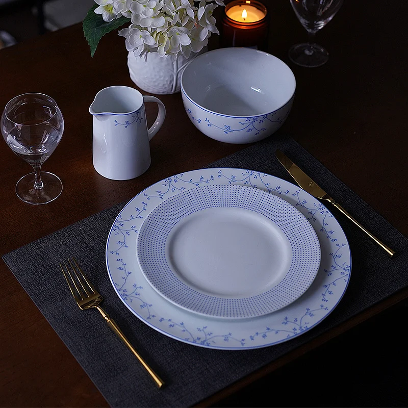 

Nordic Style High-end Ceramic Blue Edged Western Tableware Home Steak Plate Pasta Bowl Milk Cup Exquisite Dinner Plate Set