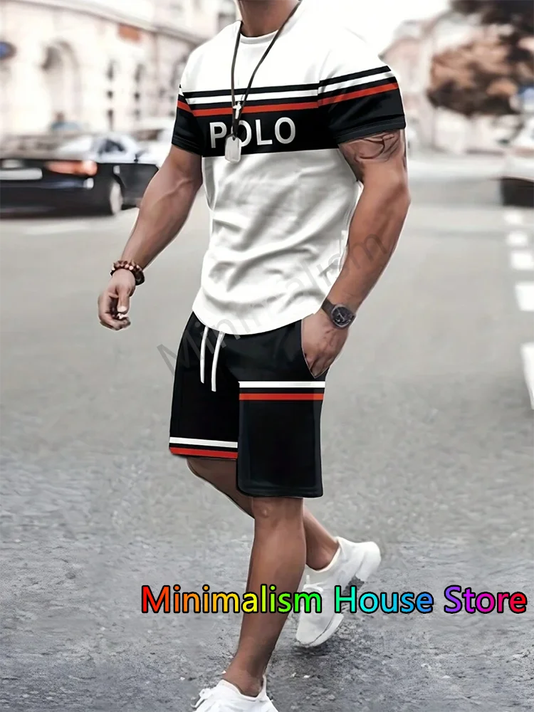 Summer New Men's Tracksuit Polo Stripe Printed T-shirt+Shorts Set Sport Outfit Jogging Suit Outdoor Streetwear Oversized Clothes