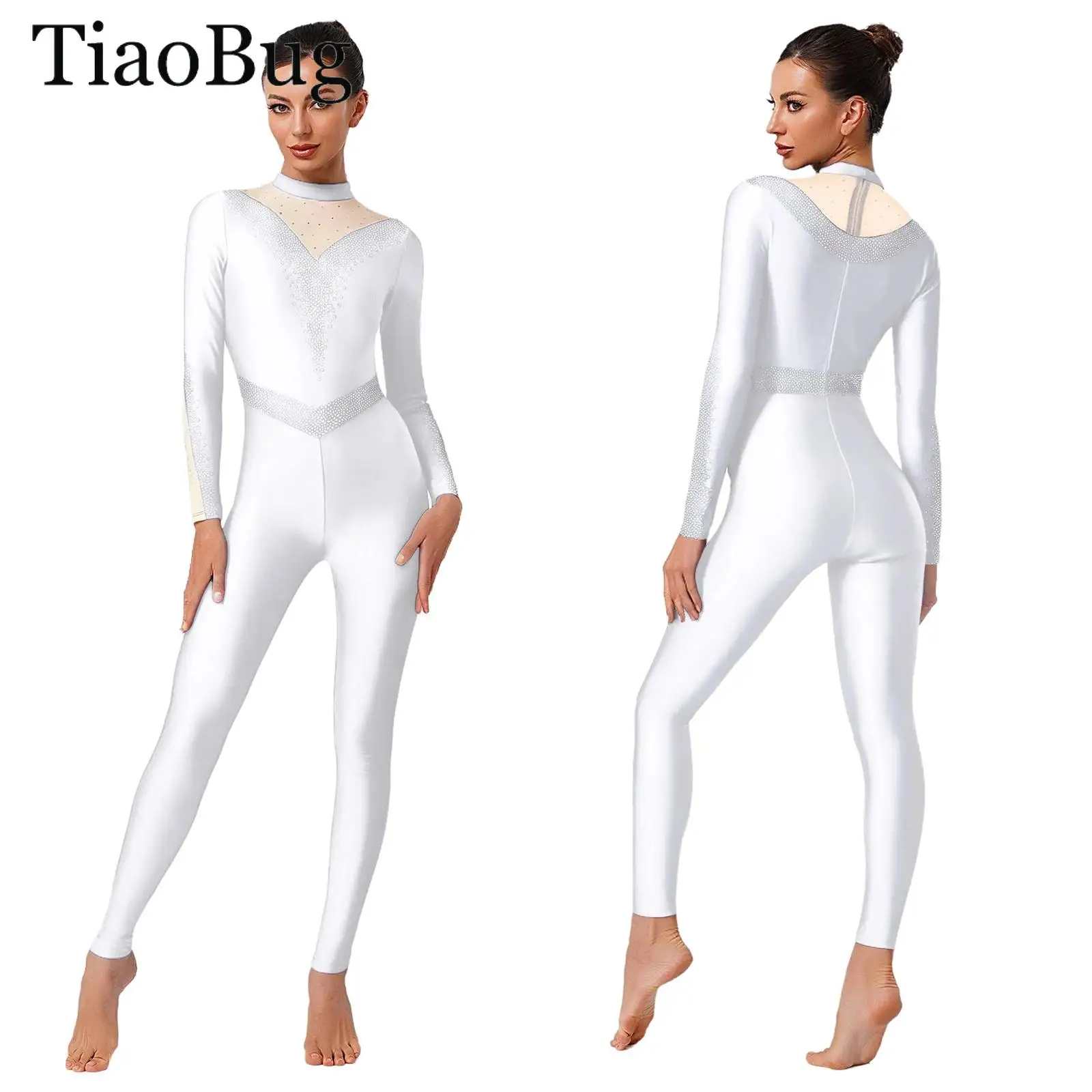 

Women Rhinestone Ballet Dance Leotard Bodysuit Gymnastics Dance Jumpsuit Mock Neck Long Sleeve Long Pants Training Dance Costume