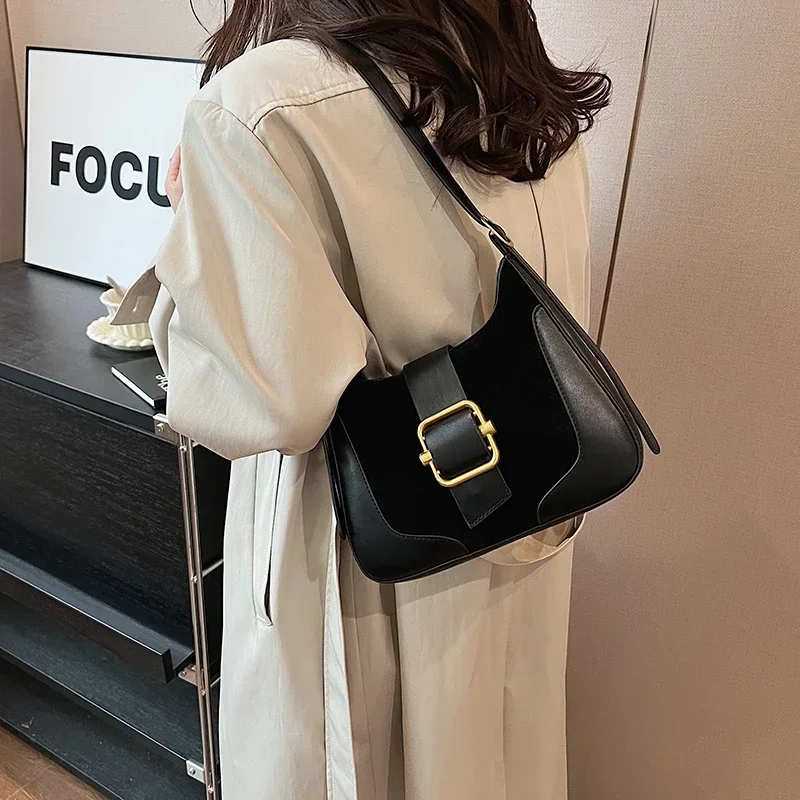 PU Faux Suede Stitching Fashion Shoulder Bag Solid Color Sewing Thread Zipper Hasp Crossbody Bag 2024 Hot Sale Bags for Women