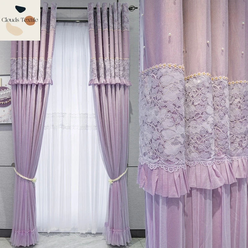 

Korean Lace Princess Style Fabric Gauze Integrated Curtains for Living Dining Room Bedroom Girl's Room Blackout Custom