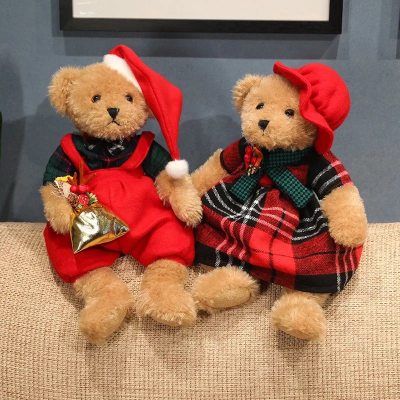 42CM Christmas Dress Up Bear Plush Toys Cute Small Bear Wear Rompers &Plaid Skirt Doll Nice Gifts For Home Decoration