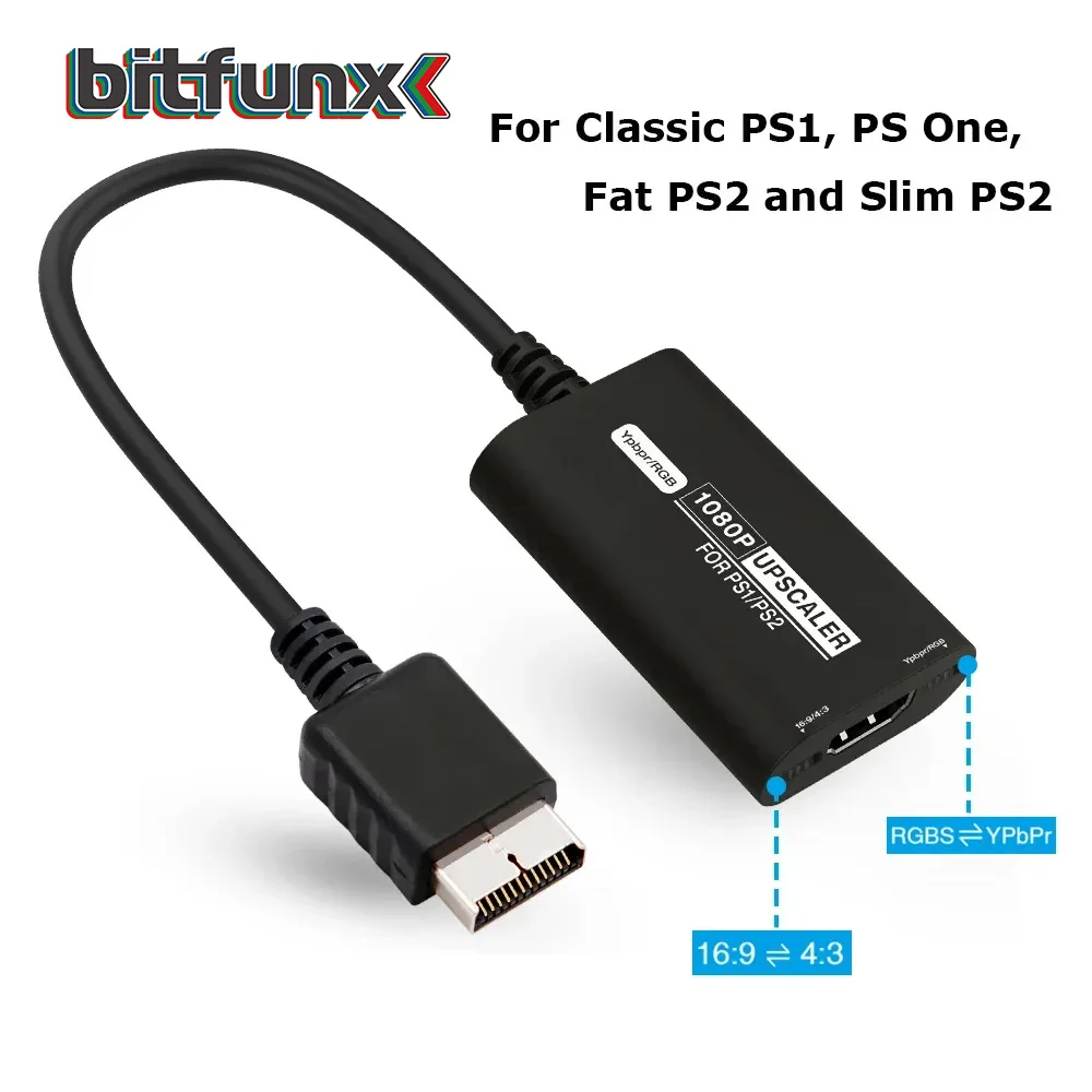 

BitFunx RGBS YPbPr Upscaler 1080P HDMI Converter Adapter HDMI Cable For Classic PS1 PS One Fat PS2 And Slim PS2 Game Console